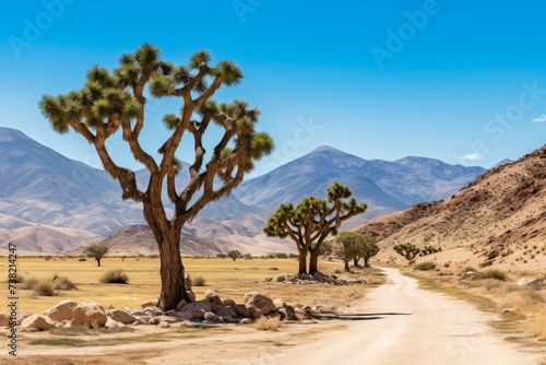 A dirt road winds through a Joshua tree forest