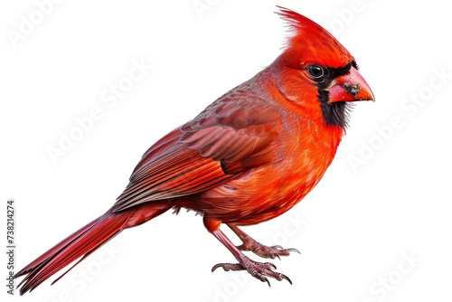 Close Up of Red Bird. A detailed view of a red bird perched on a plain Transparent background, showcasing its vibrant feathers.
