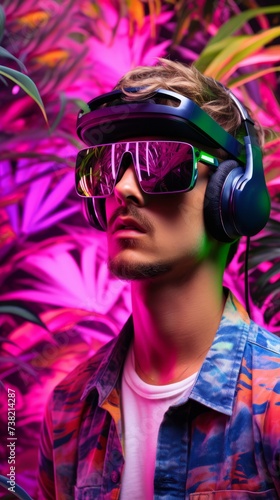 A man wearing virtual reality glasses and headphones is standing in a lush green jungle with bright pink flowers.