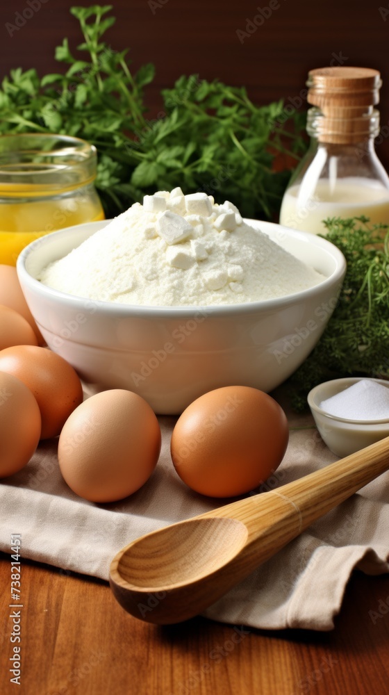 White bowl of flour and other baking ingredients on a wooden table White bowl of flour and other baking ingredients on a wooden table