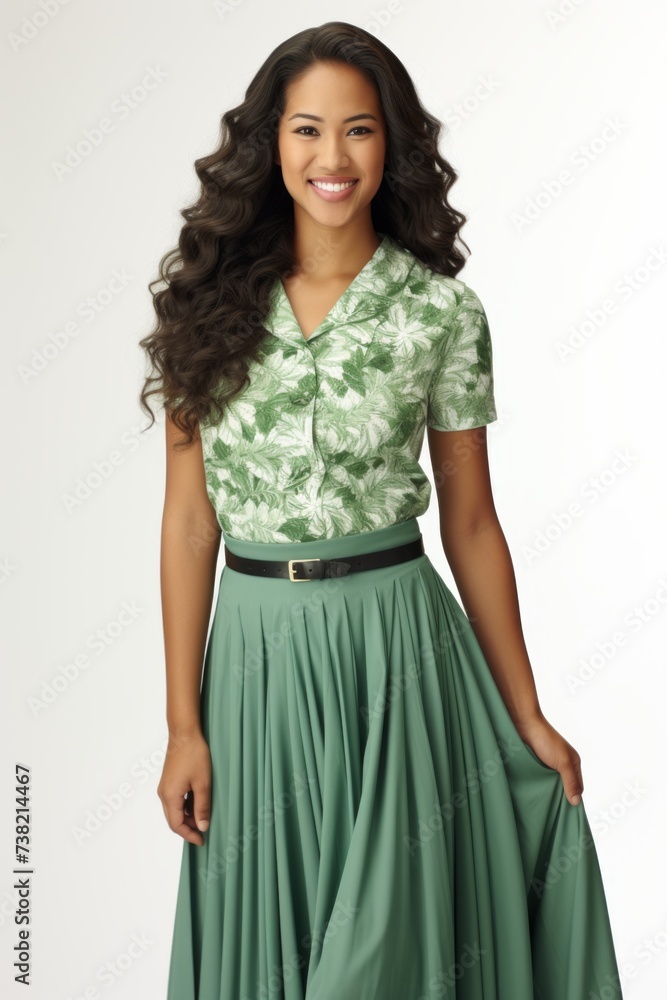 A young woman of African American ethnicity is wearing a green blouse and skirt A young woman of African American ethnicity is wearing a green blouse and skirt