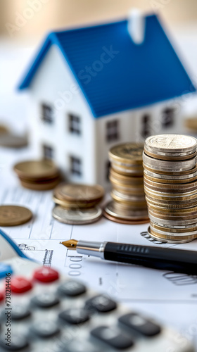 Une maison, des pièces de monnaie et une calculatrice suggérant des calculs pour un prêt immobilier au format portrait. photo