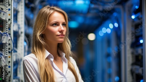 Portrait of a young female data scientist standing in a server room.