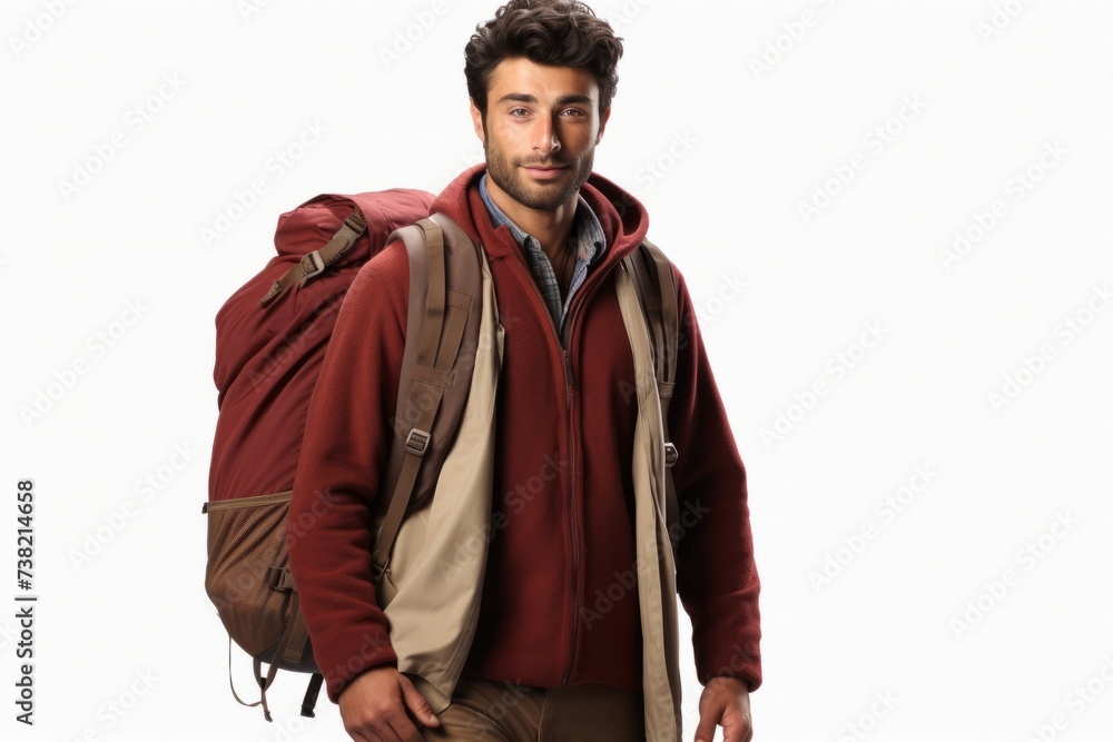 man with brown hair and beard wearing red jacket and brown backpack man with brown hair and beard wearing red jacket and brown backpack