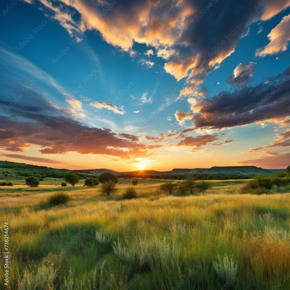 Fototapeta premium The sun sets over a vast grassy plain