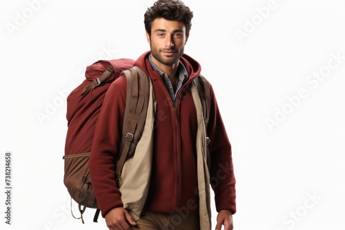 man with brown hair and beard wearing red jacket and brown backpack