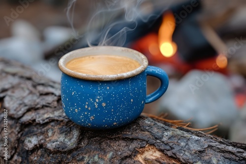 Blue enamel cup on a wooden stump with a bonfire in the background