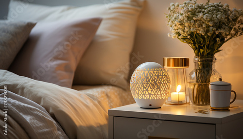 Cozy bedroom with modern decor, comfortable bed, and elegant lighting generated by AI