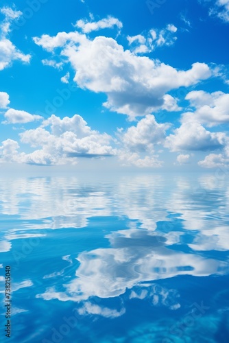 Blue sky and white clouds reflecting on the surface of the water
