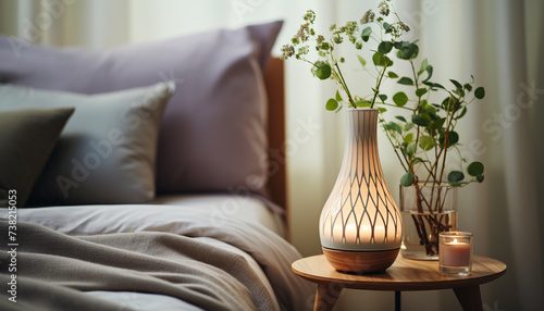 Modern bedroom with elegant decor, comfortable bed, and luxury bedding generated by AI