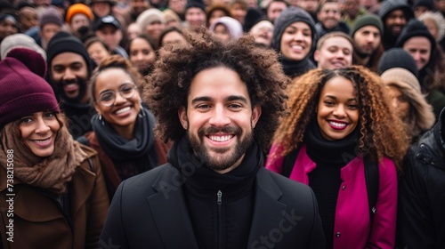 A group of diverse people of all ages and ethnicities are standing together and smiling at the camera.