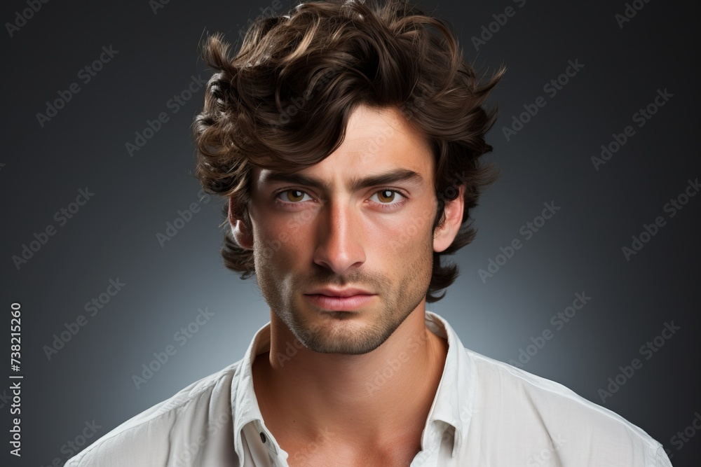 Portrait of a handsome young man with brown hair and brown eyes wearing a white shirt Portrait of a handsome young man with brown hair and brown eyes wearing a white shirt