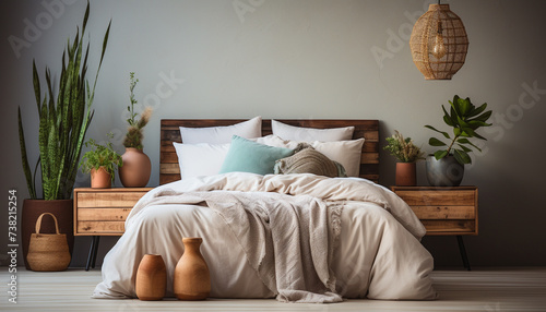 Cozy bedroom with modern design, comfortable bed, and elegant decor generated by AI