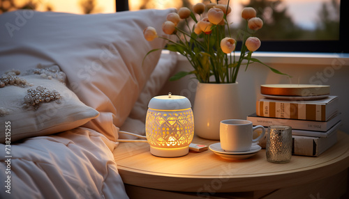 Cozy bedroom with modern design, illuminated by candlelight and lamp generated by AI