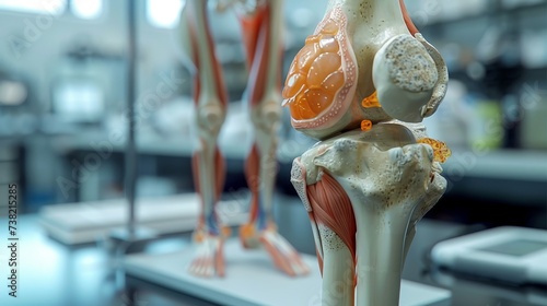 Educational model of the human knee joint, highlighting the bone structure and cartilage in a laboratory setting. photo