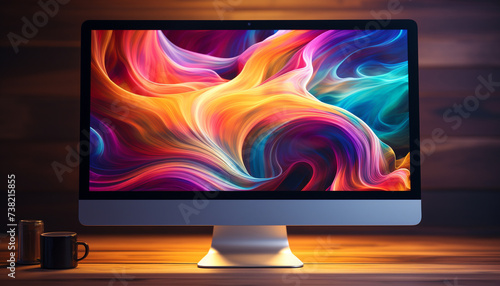 Modern computer monitor on a blue backdrop, abstract design generated by AI photo