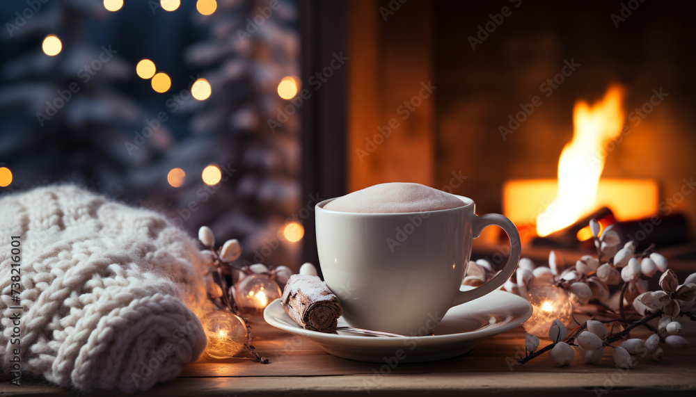 Cozy winter night hot coffee, wood fire, and sweet dessert generated by AI Cozy winter night hot coffee, wood fire, and sweet dessert generated by AI