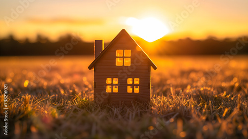 Le concept immobilier d'une petite maison sur une pelouse avec en arrière plan, un coucher de soleil. photo