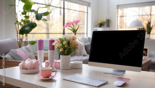Modern office desk with computer, flower vase, and coffee cup generated by AI