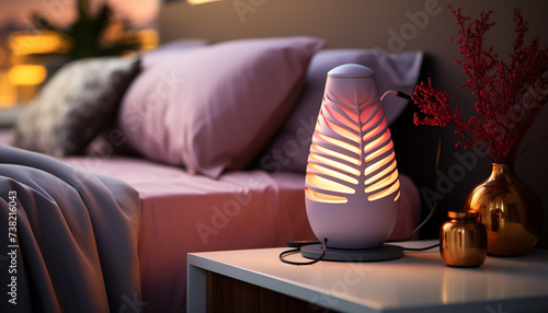 Cozy bedroom with modern decor, illuminated by soft candlelight generated by AI