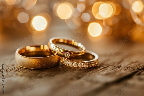 Golden wedding rings on the table on bokeh background