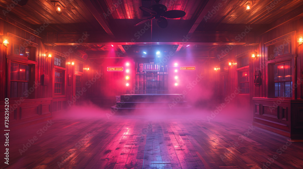 Misty room with red lights and wooden interiors, creating a mysterious ambiance