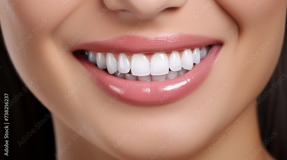Obraz premium Dentist demonstrates the perfect smile of the patient after implatation of dental veneers or teeth whitening.