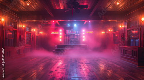 Misty room with red lights and wooden interiors, creating a mysterious ambiance photo