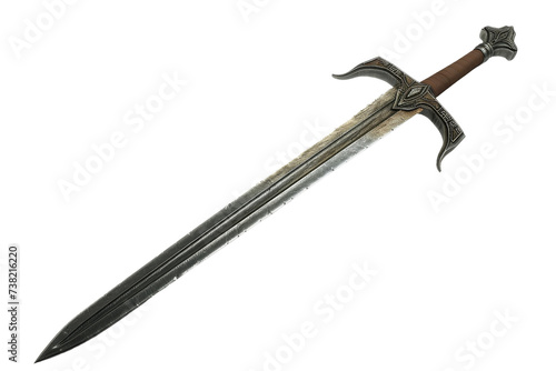 A Sword With a Wooden Handle. A photo of a sword with a wooden handle resting on a plain Transparent background.