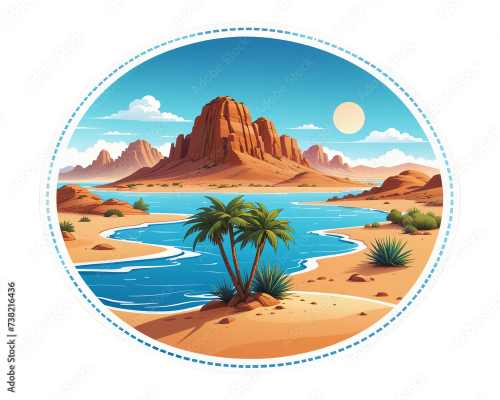 stylized oasis in the desert with palm trees. Sticker illustration
