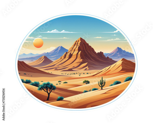 stylized desert landscape with buttes and setting sun. Sticker illustration 