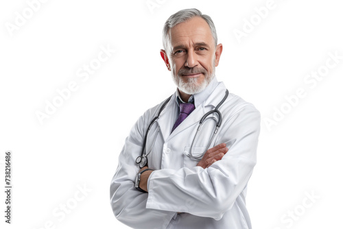 Man in White Coat and Tie With Stethoscope. A professional man wearing a white coat and tie holds a stethoscope, ready to provide medical care. photo