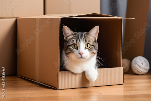 Curious Cat Peeking Out of Cardboard Box