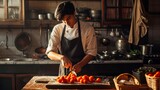 Portrait Young Chef Cutting Fresh Tomatoes From Local Farmers Market Make Pizza Concept