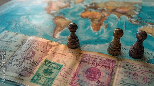 Close-up of an assortment of old postage stamps and classic chess pieces strategically placed on a vintage world map, evoking travel and strategy.