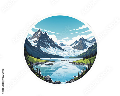 stylized glacier river running through a mountain valley. Sticker illustration 