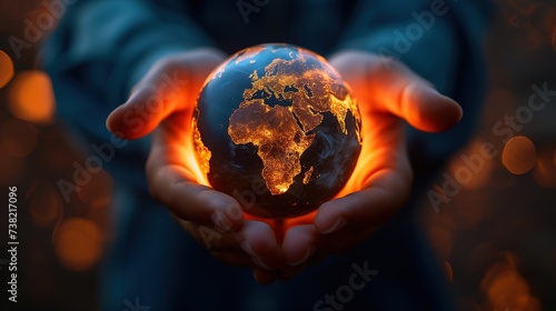 A person's hands cradle a glowing globe with Africa and Europe highlighted, against a dark backdrop with warm bokeh lights. photo