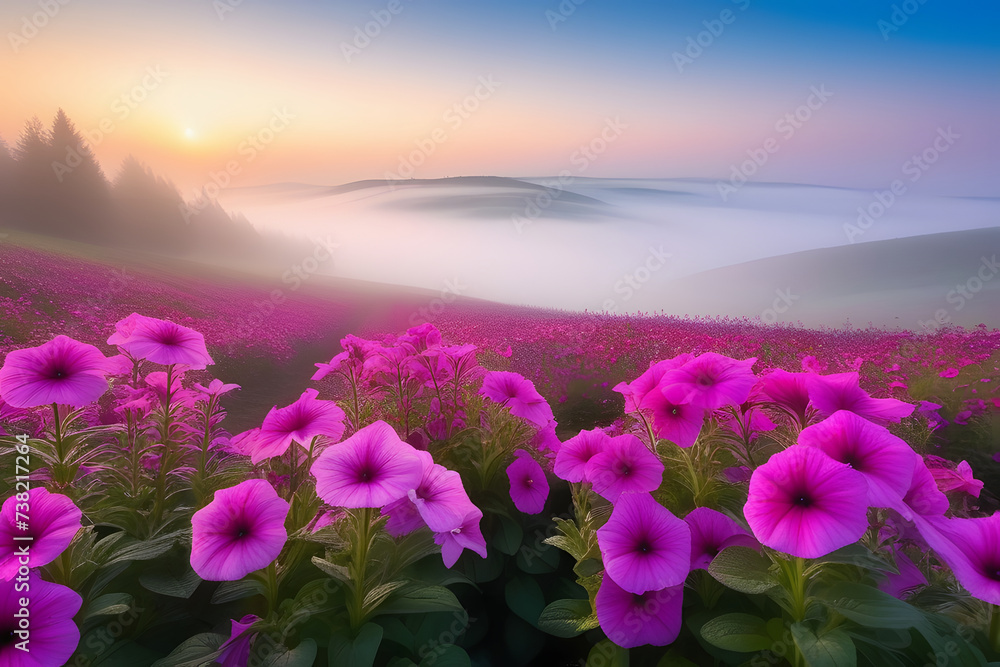 Obraz premium Pink Flowers in a Foggy Field