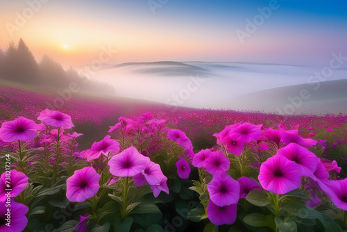 Pink Flowers in a Foggy Field