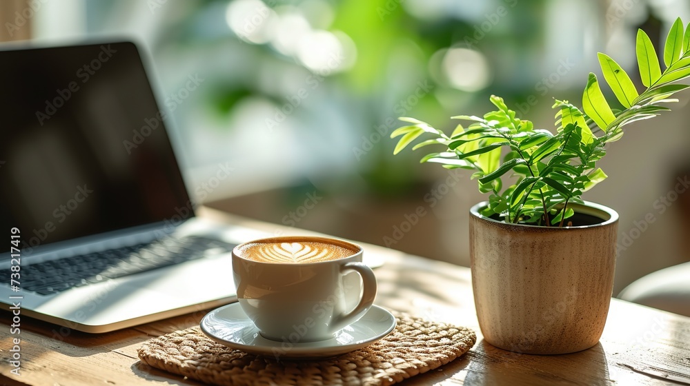Morning sunshine spills over a home office, featuring a steaming coffee cup with latte art, a green potted plant, and an open laptop on a wooden table. Morning sunshine spills over a home office, featuring a steaming coffee cup with latte art, a green potted plant, and an open laptop on a wooden table.