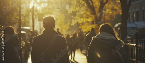 In this unfocused picture, individuals are strolling in a city park, admiring artwork at a downtown art festival.