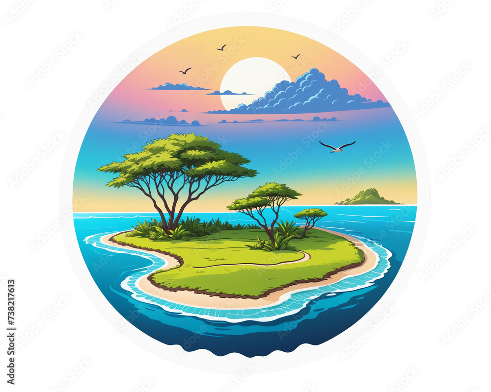 stylized tropical island landscape at sunrise. Sticker illustration
