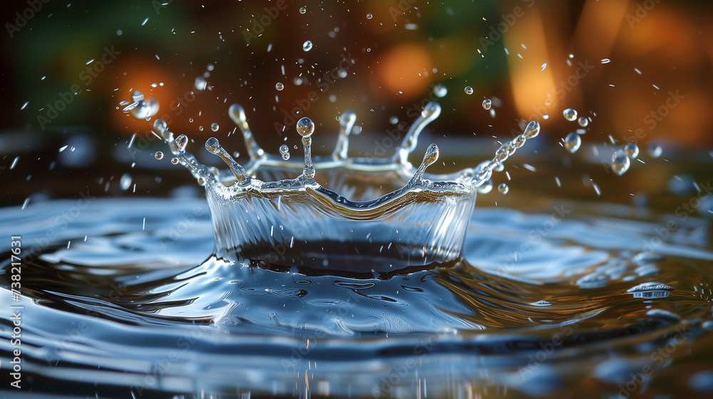 A water drop splashes into a pool, creating ripples in the liquid body of water