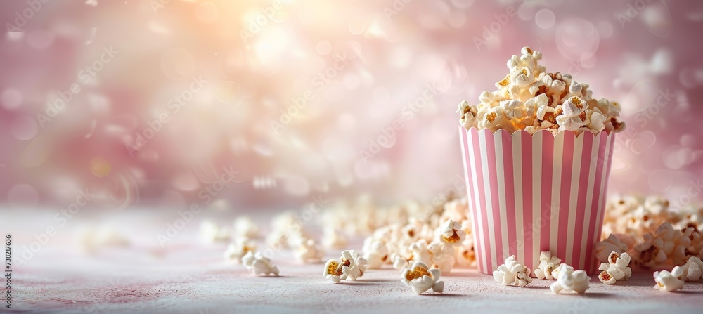 Scattered delicious popcorn from pink striped box on pastel background with copy space