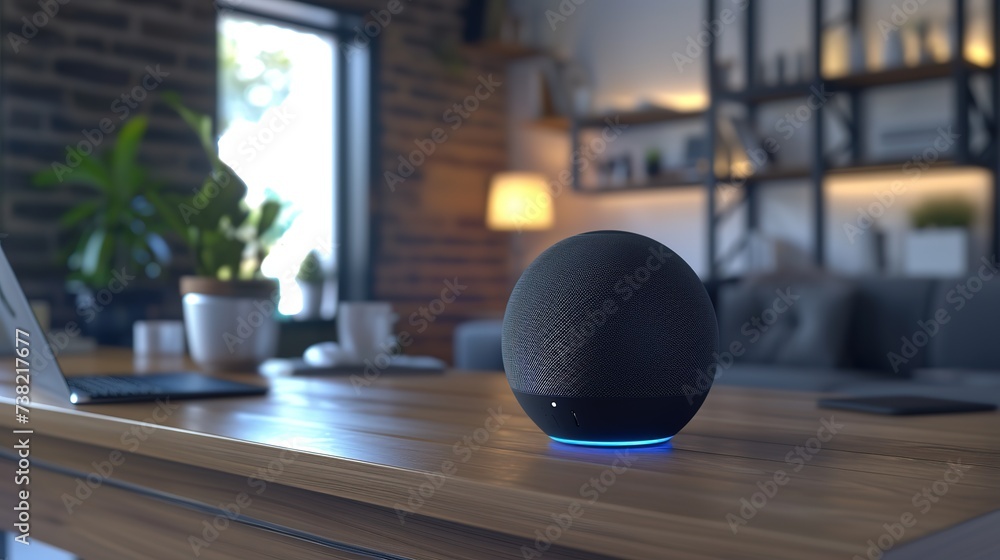 A smart speaker with glowing blue lights activated on a wooden desk in a contemporary home office setting. A smart speaker with glowing blue lights activated on a wooden desk in a contemporary home office setting.