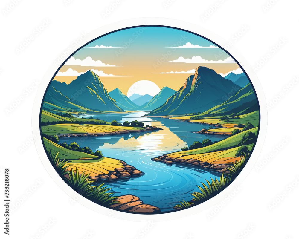 stylized river winding through a mountainous landscape at sunset. Sticker illustration
