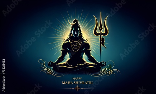 Silhouette of a meditating lord shiva with trident at night for maha shivratri.