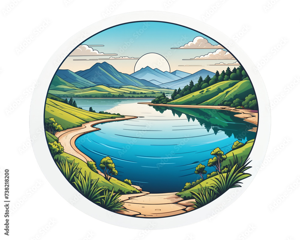 stylized calm river with footpath in a valley. Sticker illustration
