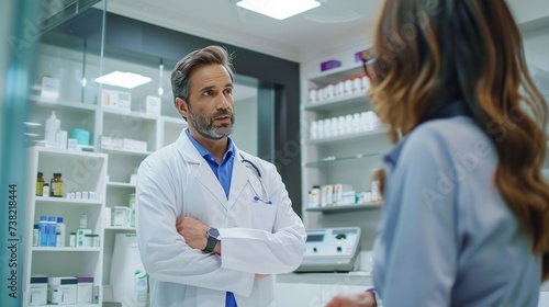 Pharmaceutical sales representative presenting a new drug to a doctor in a medical building