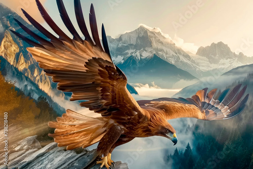 Freedom. A painting of the eagle in flight against a mountainous backdrop captures the essence of freedom and the power of nature, evoking feelings of independence and spiritual strength.